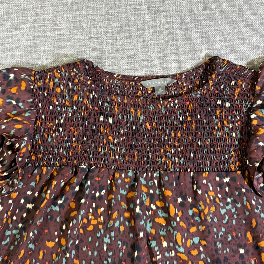 Sharagano Smocked Blouse Womens M Burgundy Abstract Ruffle Boho Career Top - Picture 2 of 10